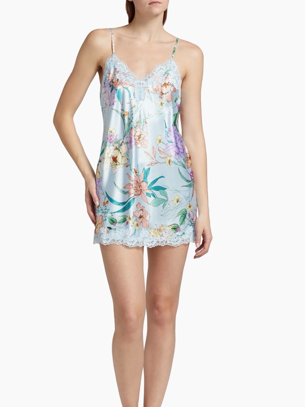 In Bloom by Jonquil Floral Satin Lace-Trim Chemise Slip Light Blue size Medium